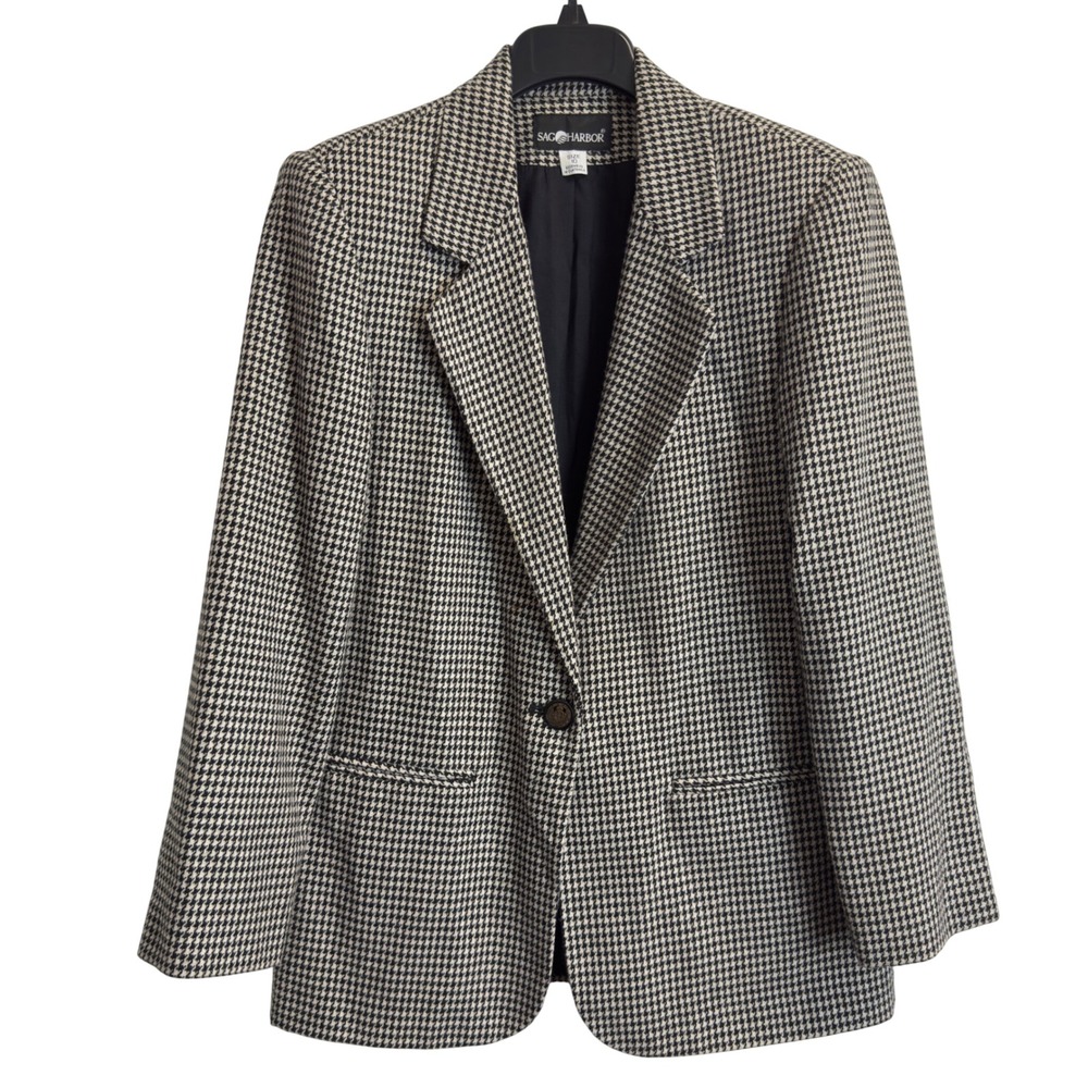Sag Harbor Vintage Houndstooth Blazer Black White Wool Blend Button Jacket 10